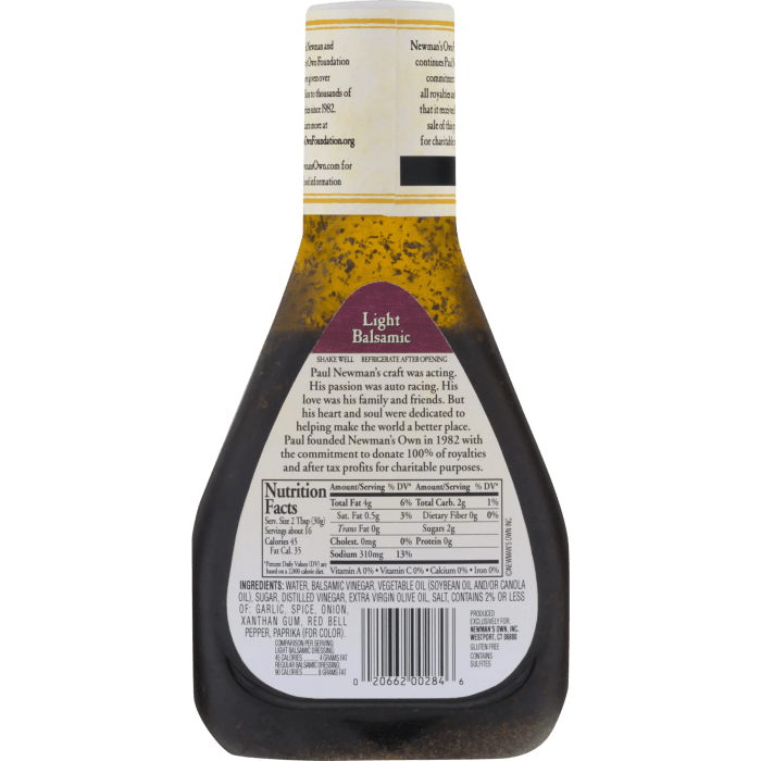 Nutrition facts label on balsamic vinaigrette